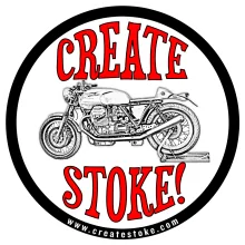 Create Stoke! sticker: a café racer motorcycle, ringed by www.createstoke.com
